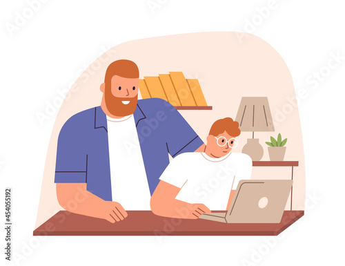Parent and child sitting at laptop at home together, studying and doing homework. Father helping and supporting kid in learning. Flat vector illustration of dad and son isolated on white background