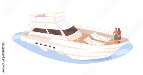 Love couple standing on deck of cruise yacht. Man and woman traveling together on sea boat. People at marine voyage in summer. Flat vector illustration of lovers on ship isolated on white background