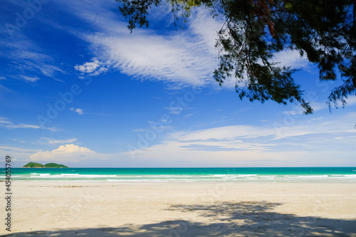Tropical beach seaside and blue sky at Nam Sai Beach in Sattahip, Chonburi province Thailand