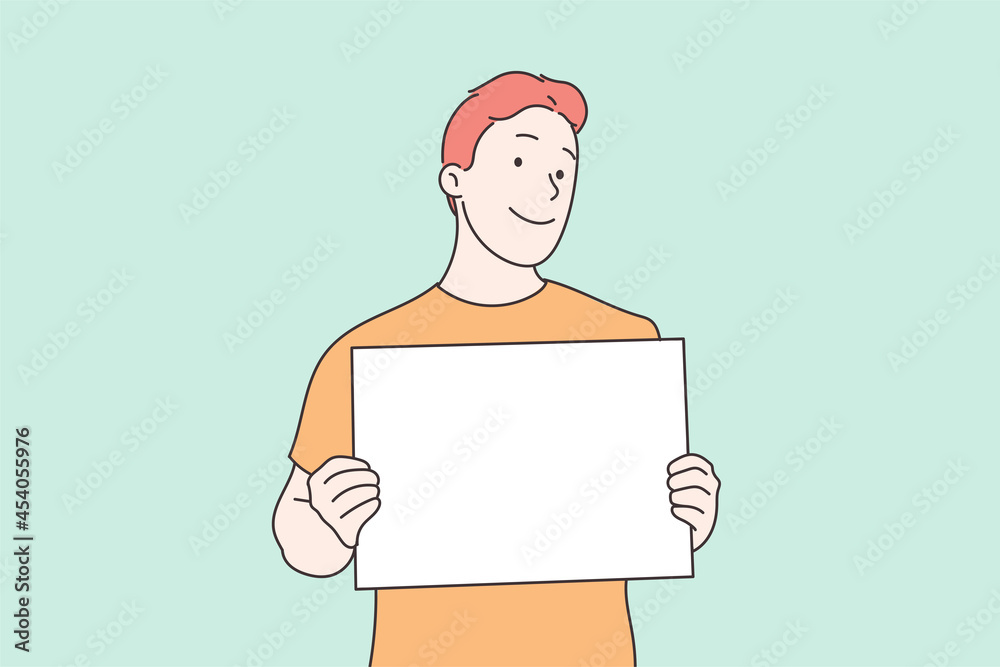 Young men holding blank white paper. Hand drawn style vector design illustrations. Young men holding blank white paper. Hand drawn style vector design illustrations.