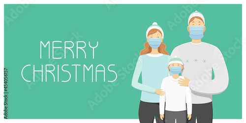 Christmas card. Family in masks. Vector illustration.
