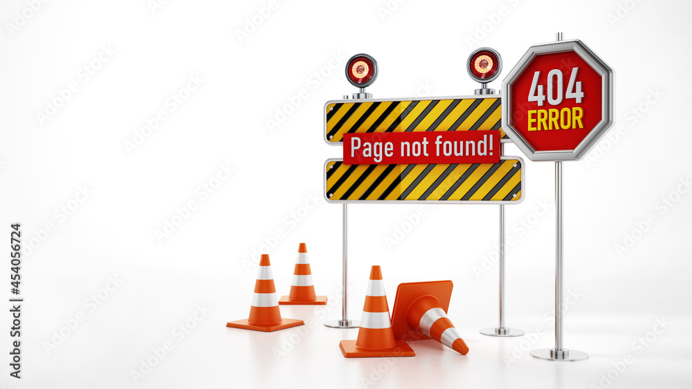 404 web page not found error signboard and traffic cones. 3D illustration 404 web page not found error signboard and traffic cones. 3D illustration