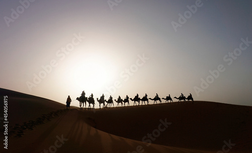 Camel caravan on the dune of Erg Chebbi at Morocco