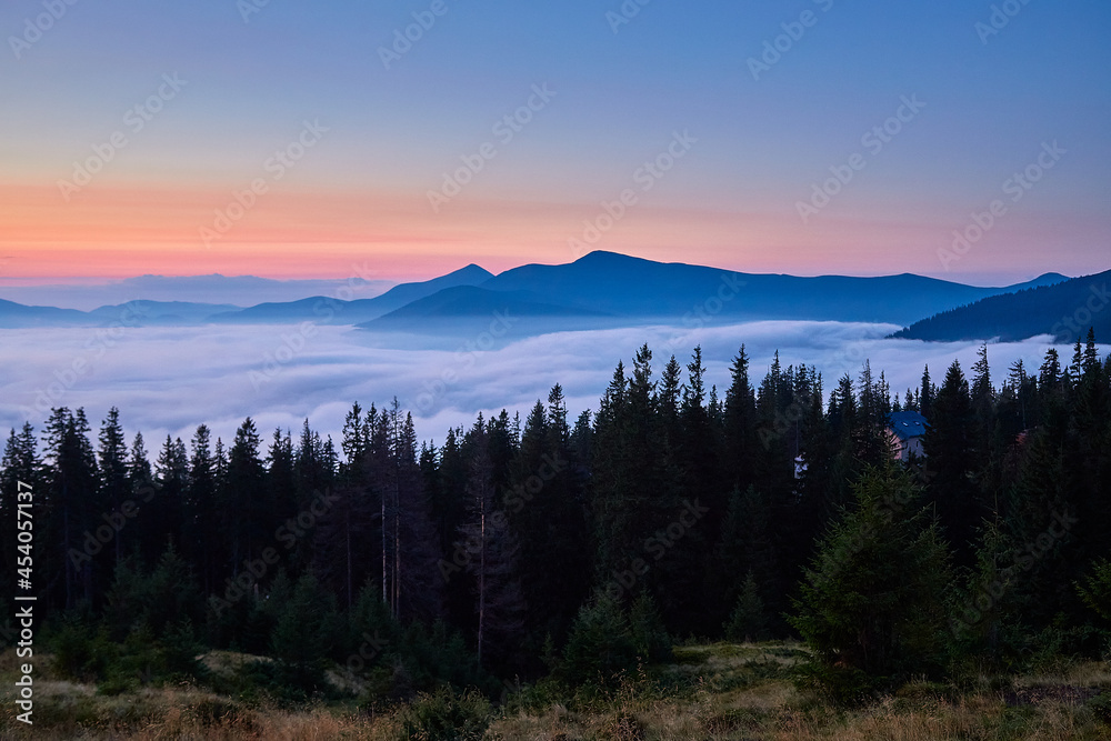 Sunset landscape with high peaks and misty valley with autumn spruce forest under a bright colorful evening sky in the rocky mountains.