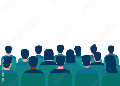 Conference with audience in hall. People spectators. People audience back view. Students on lecture, seminar education. Vector illustration