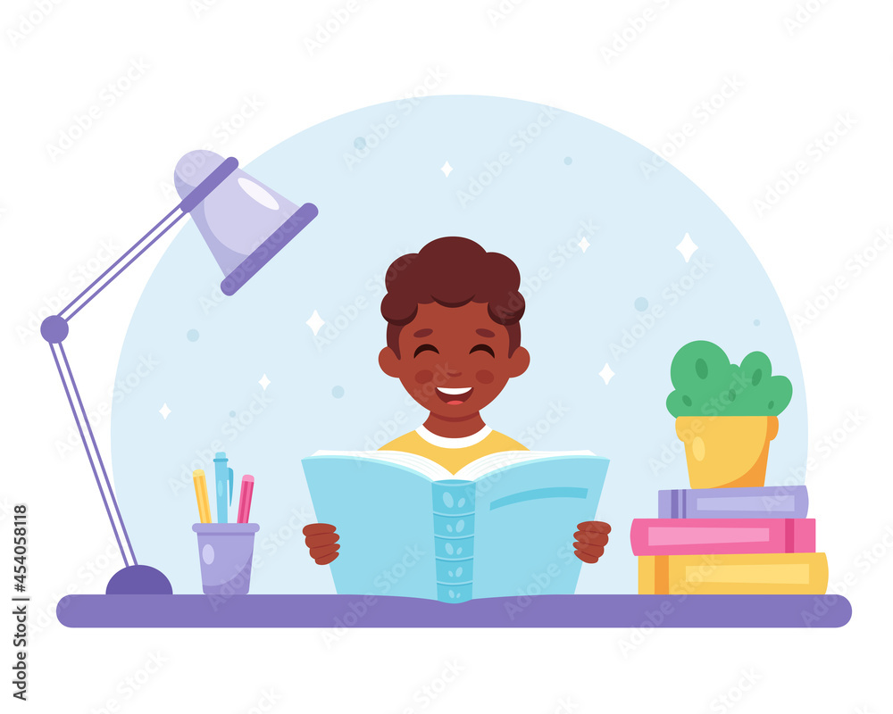 Black boy reading book. Boy studying with a book. Vector illustration