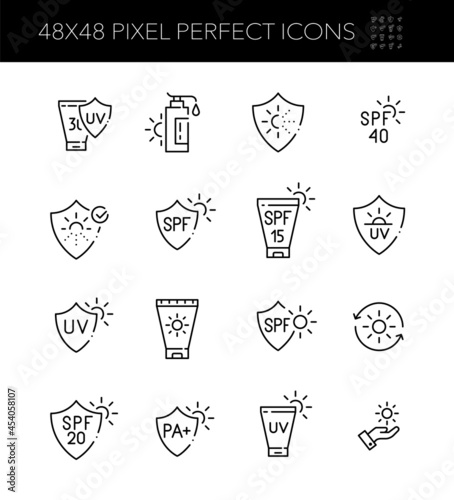 UV protection icons. Sunscreen lotions, suntanning. Pixel perfect, editable stroke