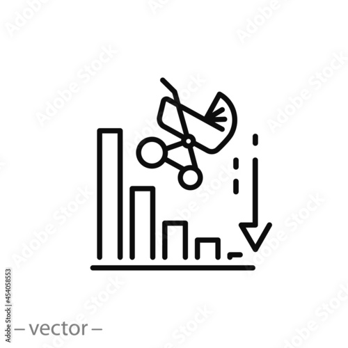 population low and birth rate icon, decrease social development, global demography decline, people evolution chart, thin line symbol on white background - editable stroke vector eps10