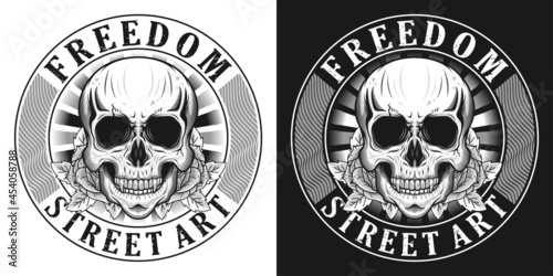 Set of monochrome skull with rosse design illustration