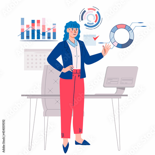 Successful business woman at her workplace, flat cartoon vector illustration isolated on white background. Financial advisor and successful prosperous business person in office.