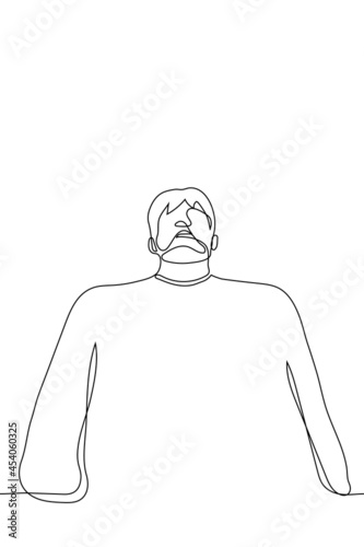 man walks, looking down  - one line drawing. concept of the gait of a determined person
