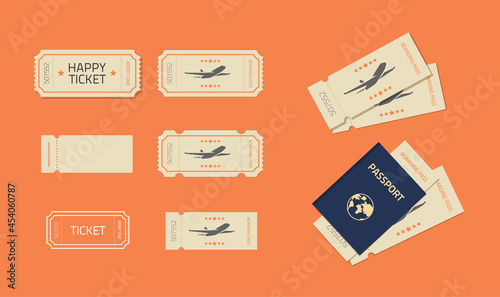 Ticket or coupons template mockup vector set for plane flight or cinema theatre performance old vintage flat cartoon design and think line art outline style isolated, passport with boarding pass