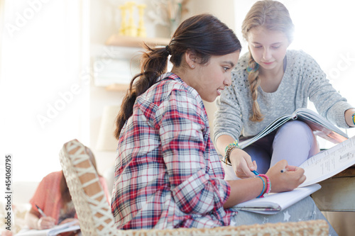 Three teenage girls doing homework in room