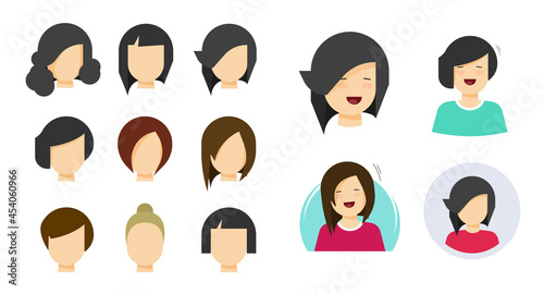 Hairstyle woman face icon vector flat cartoon style for fashion haircut illustration isolated, yang character person portrait pictogram for avatar or my account member idea symbol, user sign bundle