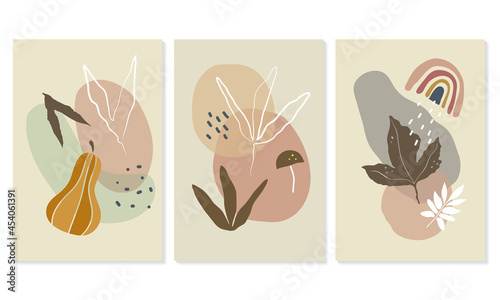Harvest season postcards in abstract style. Set of art posters design, art prints, paintings in minimal style inspired on autumn season. Rainy day, pumpkin, mushroom and leaves. Colorful and vectored.