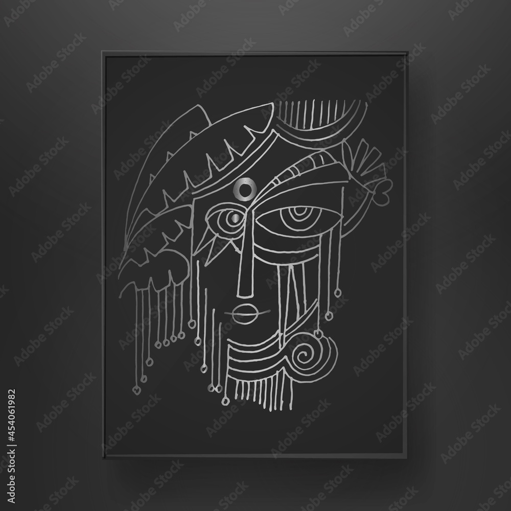 abstract women face line art hand drawn on dark background