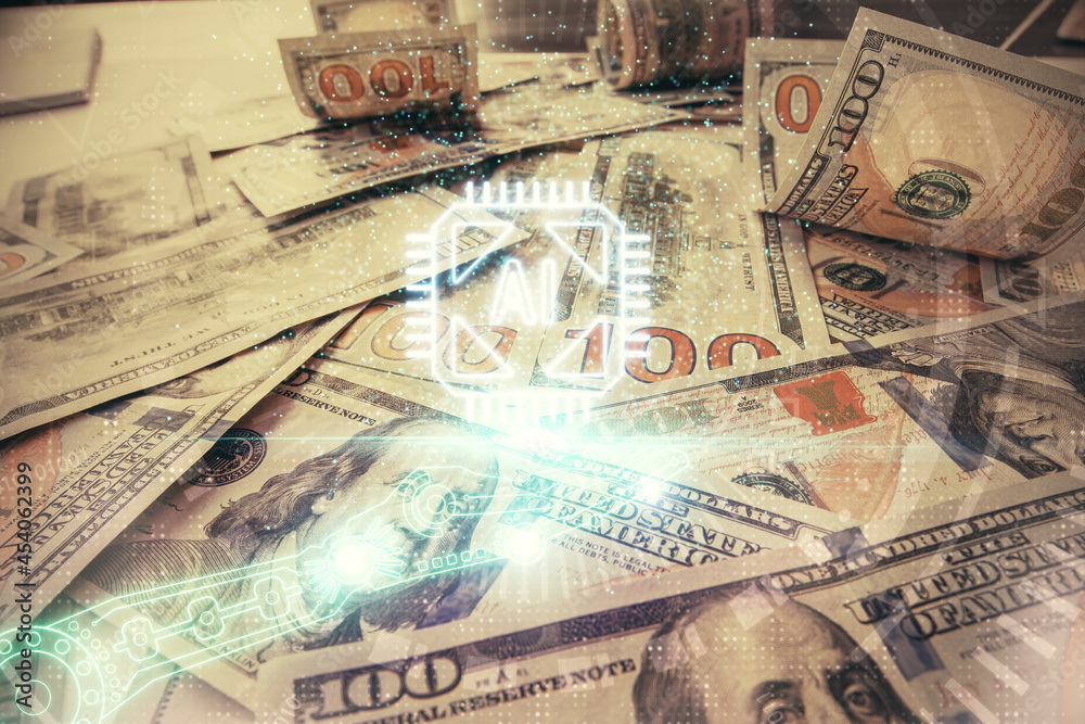 Double exposure of data theme drawing over us dollars bill background. Technology concept. Double exposure of data theme drawing over us dollars bill background. Technology concept.