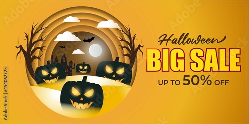 Vector illustration of Happy Halloween sale, square shiny golden frame wrapped with light balls and confetti, flying bats, scary pumpkins, upto 50% off offer, shop now, template for websites.