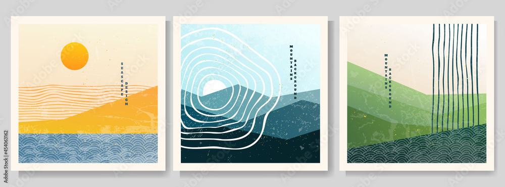 Vector illustration. Bauhaus. Mid century modern graphic. 70s retro funky graphic. Grunge texture. Minimalist landscape set. Abstract shapes. Design elements for web banner, social media template