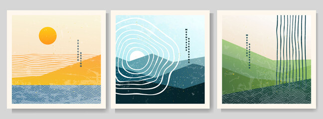Canvas schilderij Wit Vector illustration. Bauhaus. Mid century modern graphic. 70s retro funky graphic. Grunge texture. Minimalist landscape set. Abstract shapes. Design elements for web banner, social media template  © VVadi4ka