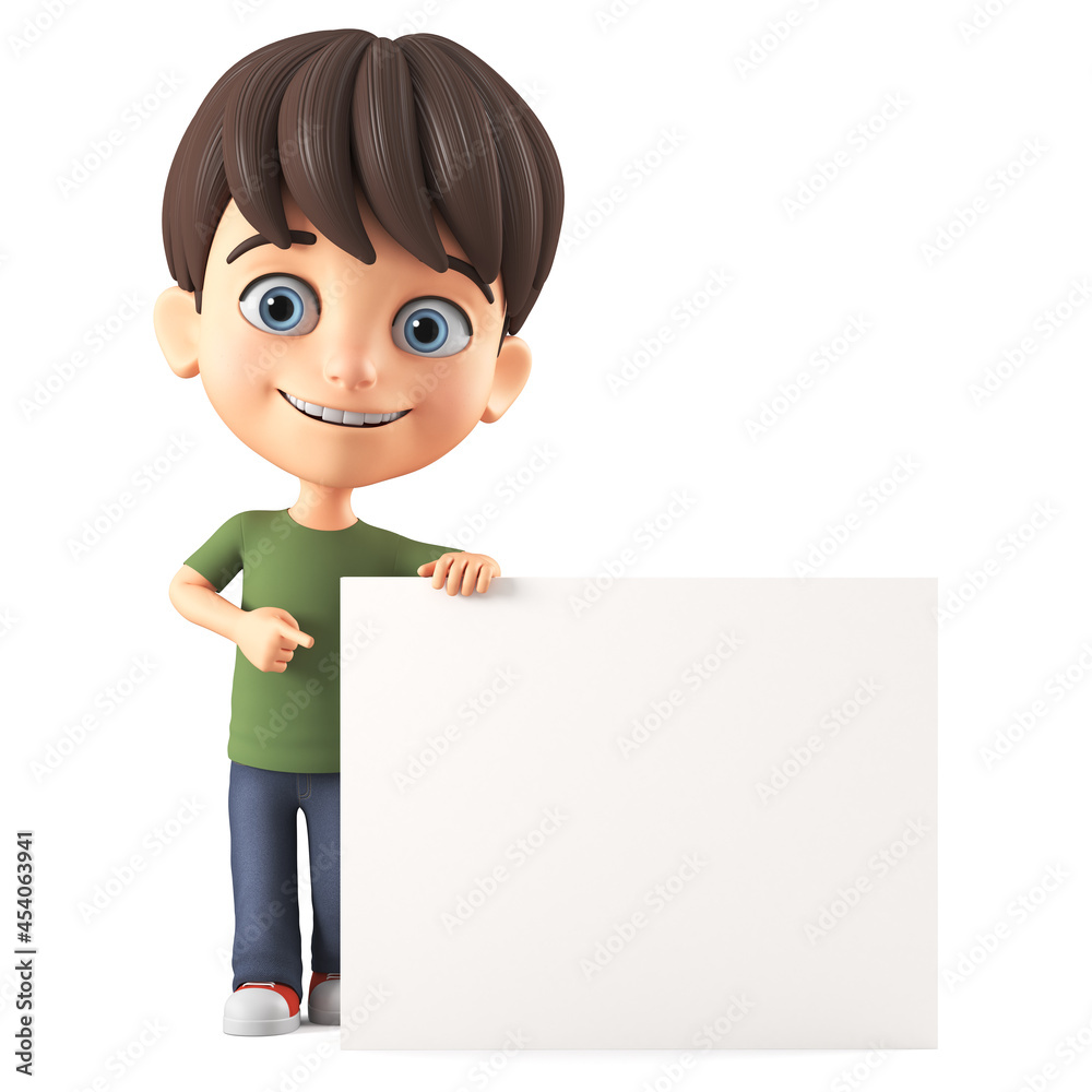Cheerful cartoon little boy character is leaning against an empty white board and pointing at it with his finger. 3d render illustration. Cheerful cartoon little boy character is leaning against an empty white board and pointing at it with his finger. 3d render illustration.