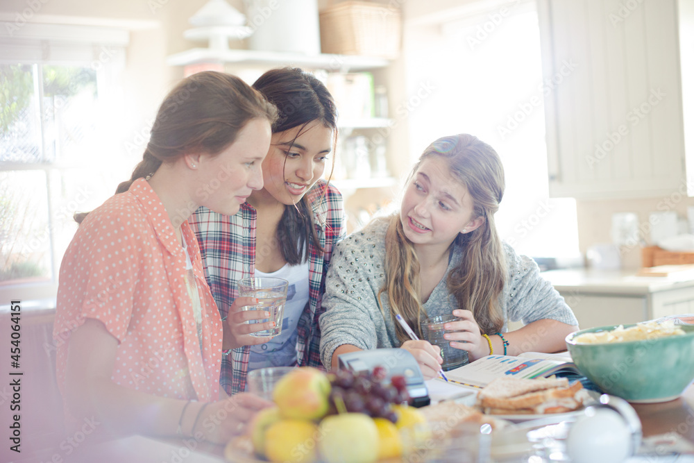Teenage girls learning at table in kitchen Teenage girls learning at table in kitchen
