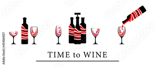 Pour the wine from the bottle into a glass. Set Vector illustration.