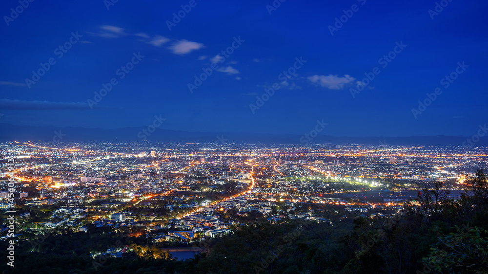 aerial view City night from the view point on top of mountain , Chiang mai ,Thailand