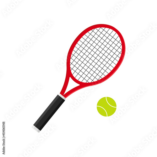 Tennis racket with ball. Icon of racquet for court. Logo of tennis rocket and ball isolated on white background. Sport equipment for game, match, competition. Silhouette for club of badminton. Vector