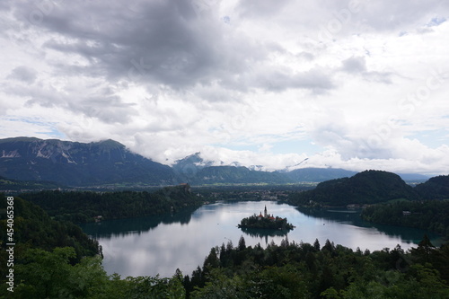 View onto lake Bled on a cloudy day