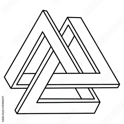 Impossible triangles. Optical illusion figure. Endless triangular shapes. Abstract infinite geometric object. Impossible eternal figure isolated on a white background. Vector illustration. Op art.