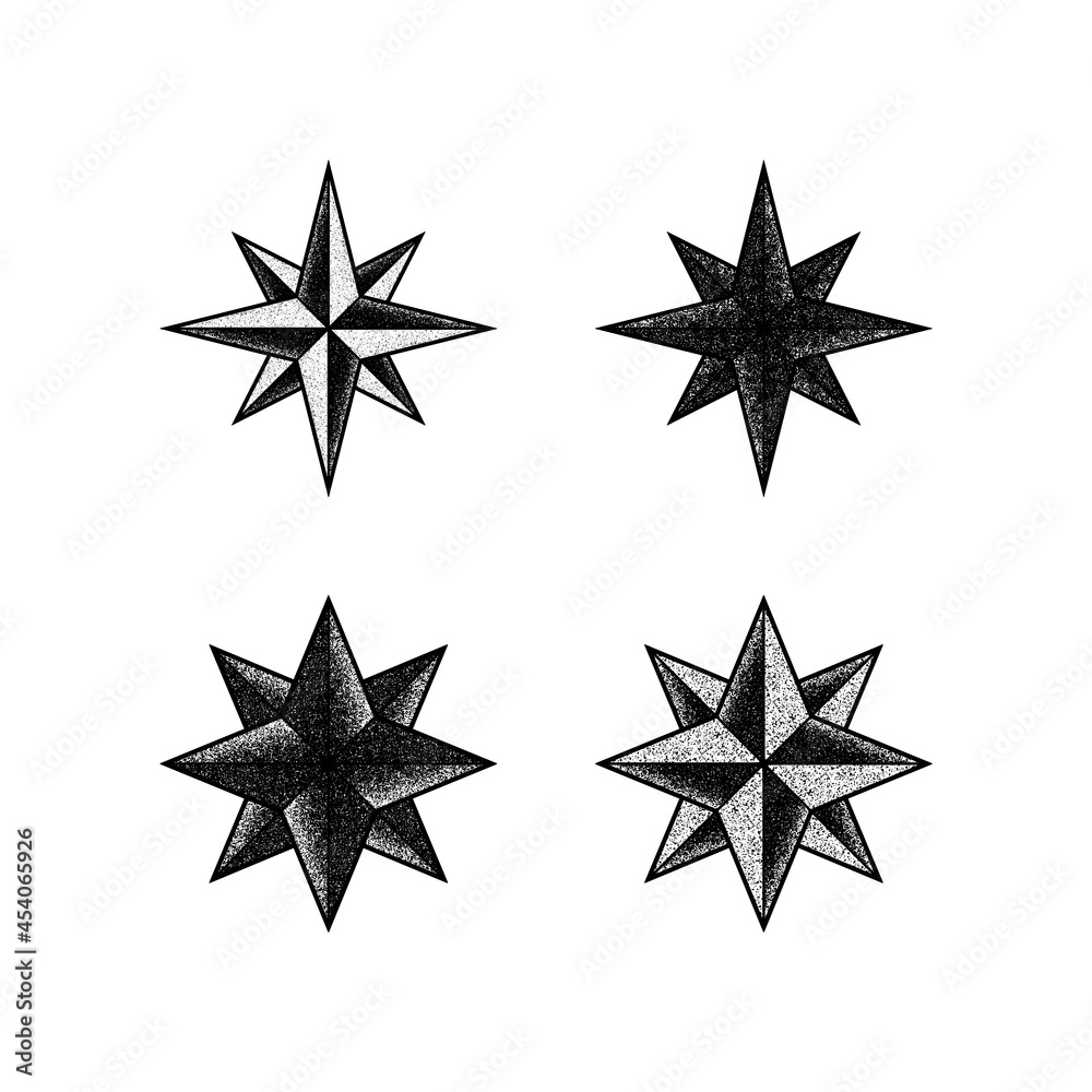 Set of black and white illustrations of a star with a grunge texture on a white background. Design element for emblem, sticker, label, badge and print. Vector illustration. Symbolism. Set of black and white illustrations of a star with a grunge texture on a white background. Design element for emblem, sticker, label, badge and print. Vector illustration. Symbolism.