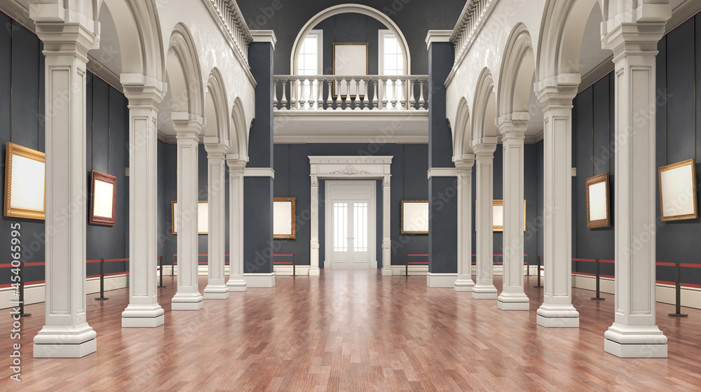 3D render of a classic gallery hall decorated in blue color with wooden floor. 3d illustration