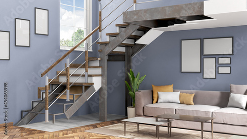 3D render of a disassembled stair in detail with tools in the modern interior. 3d illustration © sveta