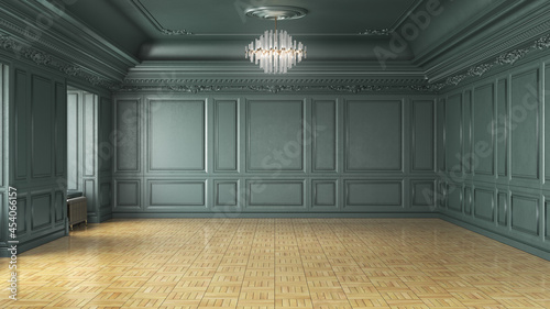 3D render of a classic empty hall decorated in green color with wooden floor. 3d illustration photo