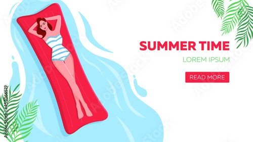 Banner Summer time. A young woman in a swimsuit lies on a mattress and floats on the water. Vector flat illustration. 