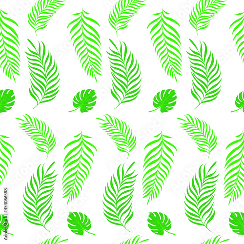 Seamless pattern with tropical leaves: palm and monstera. 