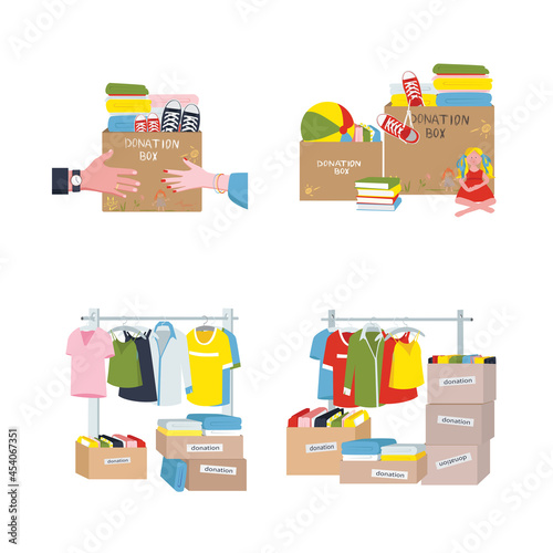 Boxes with clothes and items. The box is passed from hand to hand. Hangers of clothes. Vector illustration.
