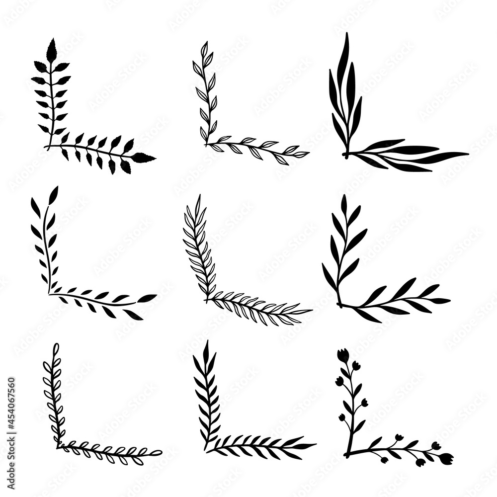 Set of hand drawn floral corners. Floral text dividers. Design element for greeting card, t shirt, poster. Vector illustration Set of hand drawn floral corners. Floral text dividers. Design element for greeting card, t shirt, poster. Vector illustration