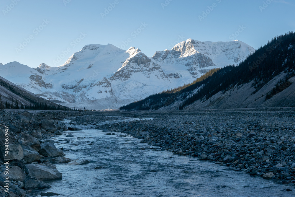 Sunwapta river next to the Columbia Icefields during the cold morning, Jasper National Park, Canada