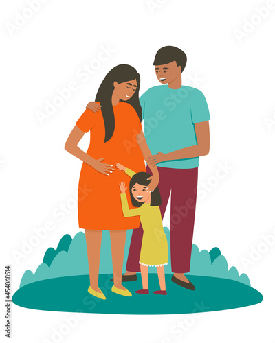 Mom, dad and daughter are waiting for a new addition to the family. Daughter hugs the belly of a pregnant mother. The family is waiting for a brother or sister. Flat vector illustration.