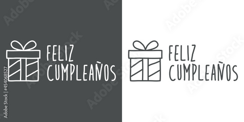 Logotipo con texto manuscrito Feliz Cumpleaños en español escrito a mano con silueta de caja de regalo con lineas en fondo gris y fondo blanco