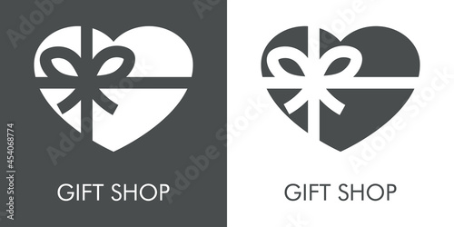 Logotipo con texto Gift Shop con silueta de caja de regalo con forma de corazón en fondo gris y fondo blanco