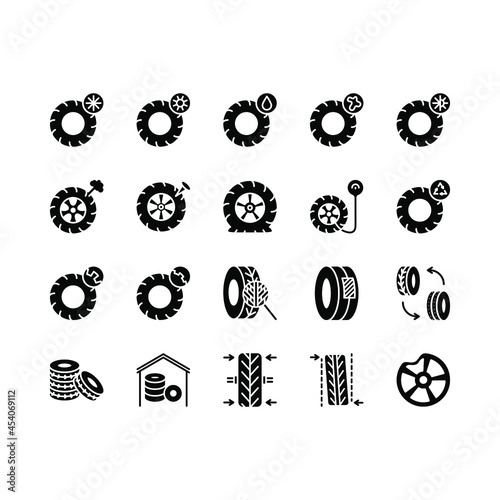 Tire, Tyre and wheel flat line icons set. Car wheel summer and winter icon. Tyre maintenance. Automobile wheel balancing service. Simple flat vector illustration for web site or mobile app