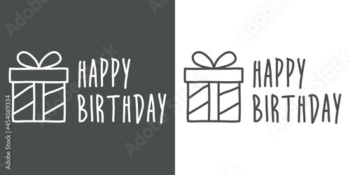 Logotipo con texto manuscrito Happy Birthday escrito a mano con silueta de caja de regalo con lineas en fondo gris y fondo blanco