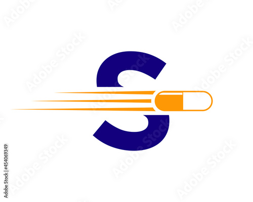 Medicine logo with S letter. S  Medicine pill or tablet logo concept. Capsule pharmacy medical logo template with S logotype