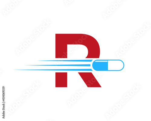 Medicine logo with R letter. R  Medicine pill or tablet logo concept. Capsule pharmacy medical logo template with R logotype