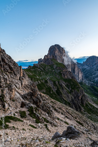 Rosengartenspitze and Kesselkogel mountain peaks from Passo delle Coronelle mountain pass in Dolomites mountains in Italy