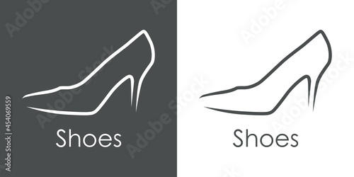 Tienda de zapatos. Logotipo con texto Shoes con silueta de zapato de mujer de tacón alto con lineas en fondo gris y fondo blanco