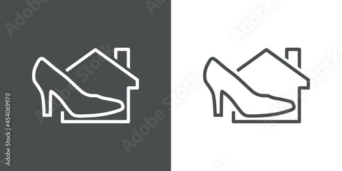 Tienda de zapatos. Logotipo con silueta de zapato de mujer de tacón alto con casa con lineas en fondo gris y fondo blanco